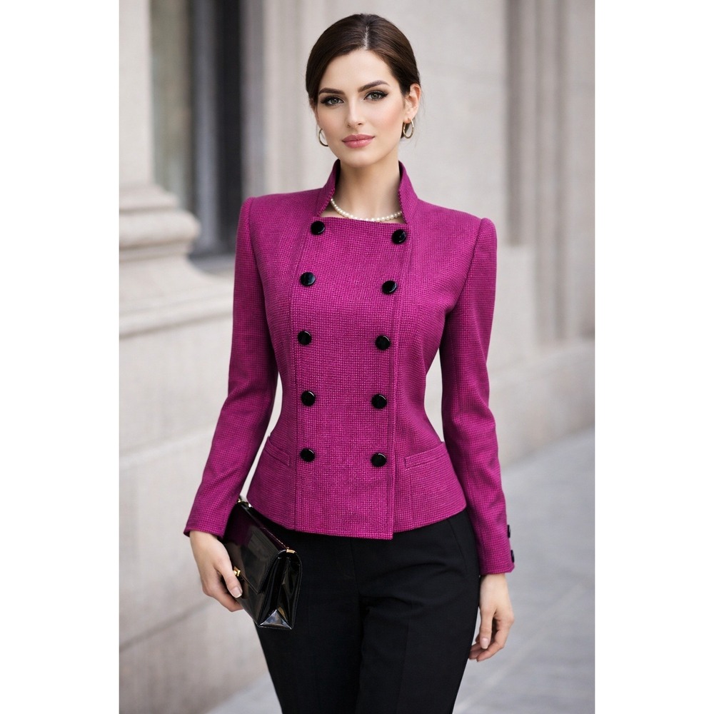 VTG Nina Ricci Boutique Paris Wool Blazer US 6 Magenta Black Double Breasted